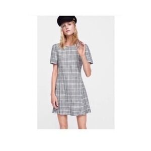 Zara Small Houndstooth White & Black Mini Dress Preppy Academia